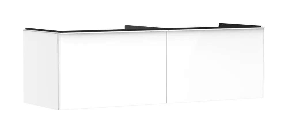 Weißer Waschtischunterschrank mit zwei Schubkästen. Die Oberfläche hat einen Hochglanz-Finish. Geeignet für Konsolen und Aufsatzwaschtische von Hansgrohe.